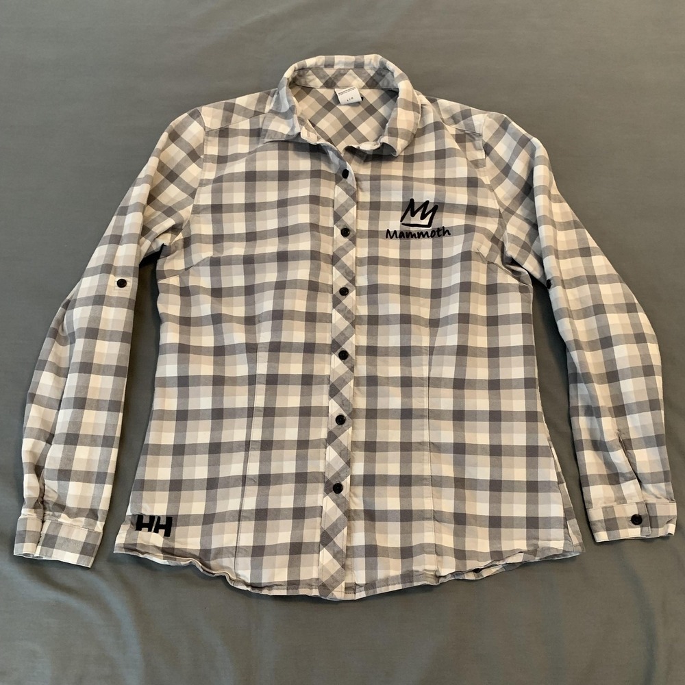 Helly Hansen Shirt Womens Large Gray Plaid Flannel Button Up Mammoth Embroidered
